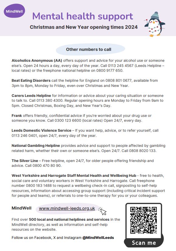MindWell is the #MentalHealth website for people in #Leeds. This Christmas &amp; New Year, find help on MindWell:
Support holiday opening times: buff.ly/3DA8NoG 
Urgent help: buff.ly/3ZIq5rn
Folding resource: buff.ly/4gjHmy2