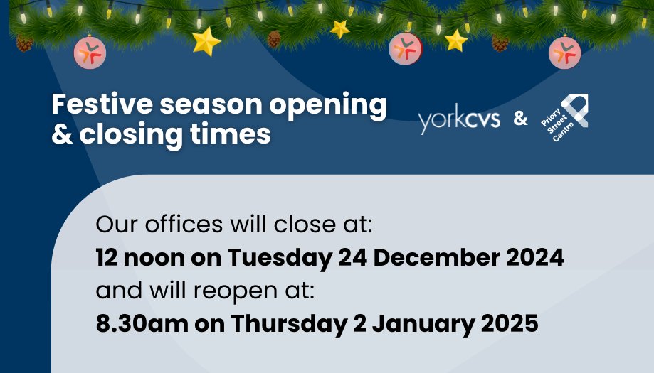 Our Priory Street Centre offices will close at 12pm on Tues 24 Dec 2024 and reopen at 8:30am on Thu 2 Jan 2025. 

Wishing everyone a peaceful and enjoyable break, whether you're celebrating, resting, or reflecting. For those working, we hope the season brings moments of joy.