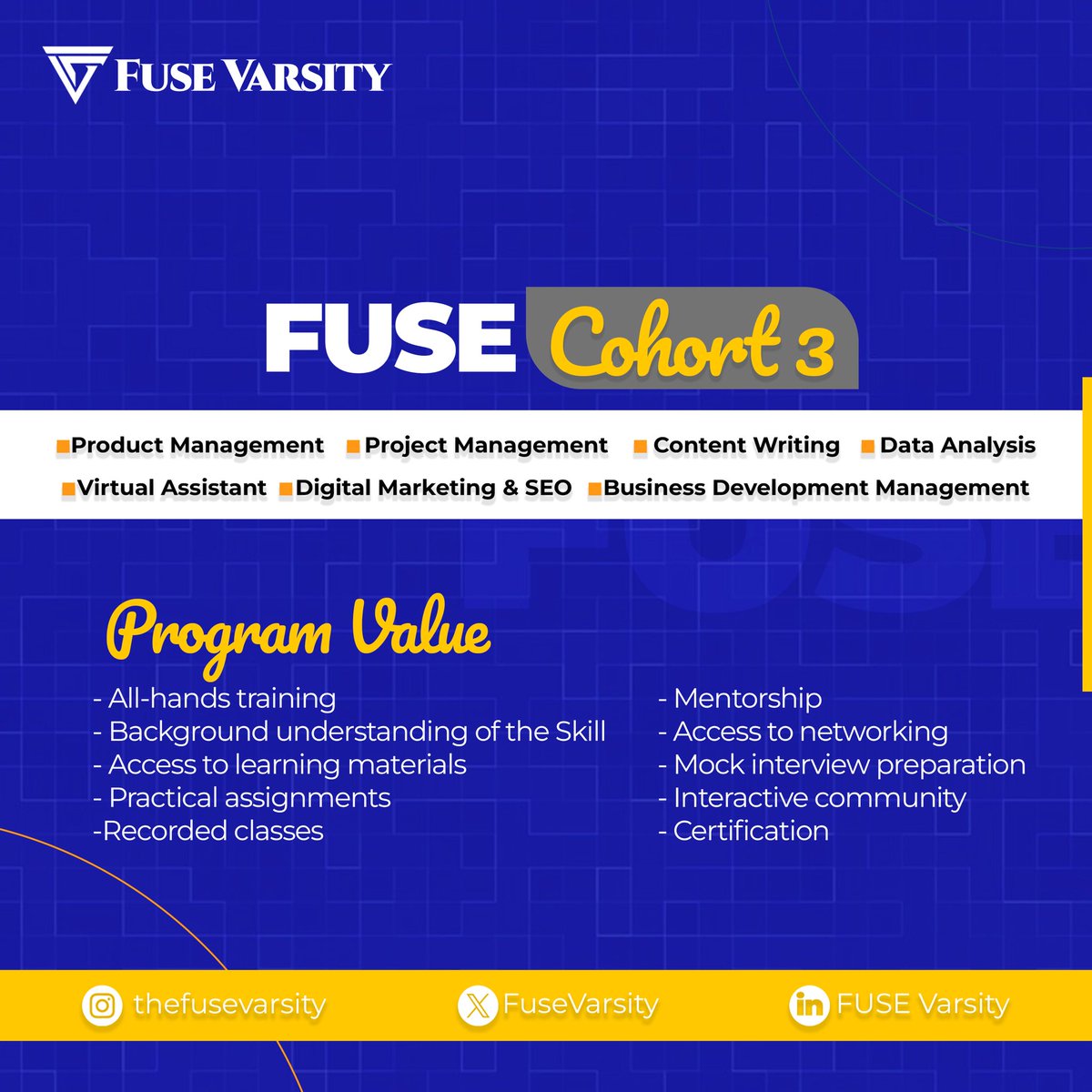 FUSEVarsity's tweet photo. Why join our Cohort 3? 🤩

To facilitate effective learning, we have designated a comprehensive learning model to help our students grasp concepts thoroughly and apply their knowledge practically. This ensures that learners achieve their goals with confidence and competence. https://t.co/WTnusH5UKa