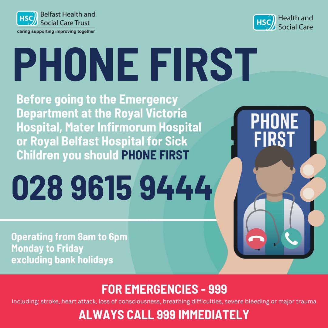 BelfastTrust's tweet image. Our Phone First service is available Monday, Tuesday and Friday this week from 8am - 6pm.

Call us on 028 9615 9444 before attending any of our emergency departments in non-emergency situations. A healthcare professional will guide you on the most appropriate care for your needs.