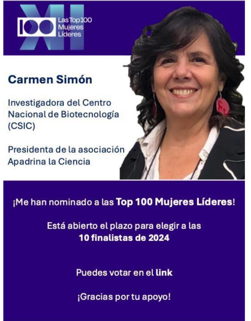 Víctor de Lorenzo (@vdlorenzo_cnb) on Twitter photo Nuestra colega de <a href="/CNB_CSIC/">Centro Nacional de Biotecnología (CSIC)</a> Carmen Simón es candidata a estar entre las mujeres líderes más influyentes del pais. No sólo es una investigadora de altura sino que ha pilotado con entusiasmo y acierto el <a href="/DPE_CSIC/">Postgrado CSIC</a>. Puedes votar por ella en elespanol.com/mujer/lastop10… <a href="/ApadrinaCiencia/">Apadrina la Ciencia</a> Nuestra colega de <a href="/CNB_CSIC/">Centro Nacional de Biotecnología (CSIC)</a> Carmen Simón es candidata a estar entre las mujeres líderes más influyentes del pais. No sólo es una investigadora de altura sino que ha pilotado con entusiasmo y acierto el <a href="/DPE_CSIC/">Postgrado CSIC</a>. Puedes votar por ella en elespanol.com/mujer/lastop10… <a href="/ApadrinaCiencia/">Apadrina la Ciencia</a>