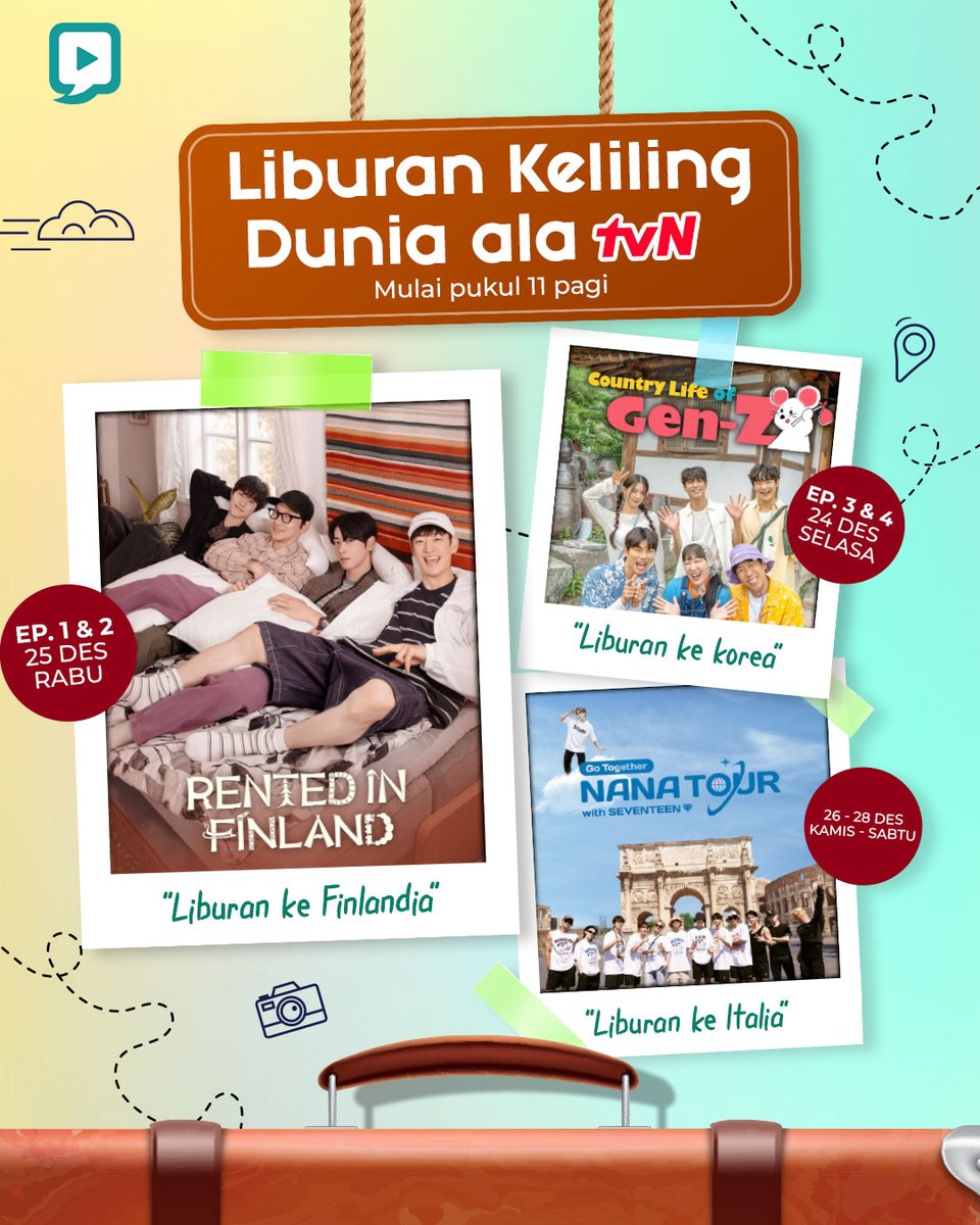 Dens_TV's tweet photo. Kita liburan keliling dunia bareng tvN, yuk!!

Jangan lupa dicatat jam tayangnya, ya!!

#DensTV #Itssimplyentertaining #DensGO #Holiday #Liburan #ChristmasParty #VarietyShow #KoreanVarietyShow #tvN #CountryLifeofGenZ #RentedinFinland #NANATOURwithSEVENTEEN https://t.co/qQWksghT73