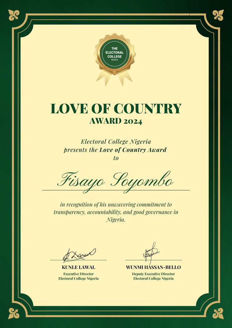 electoralcollng's tweet photo. Love for Country Award

We are honored to present the Love for Country Award to Fisayo Soyombo and Dooshima Dennis for their remarkable contributions to Nigeria. This award recognizes individuals whose dedication and impact exemplify true patriotism.

Fisayo Soyombo @fisayosoyombo :A trailblazing investigative journalist whose fearless reporting has exposed corruption and advocated for justice, driving accountability and inspiring national progress.

Dooshima Dennis @DooshDennis : A dedicated public servant who has made significant strides in the Nigerian Fire Service, championing safety, preparedness, and community resilience. Her efforts highlight her unwavering commitment to serving the nation.

For the love of country, we celebrate them.

#Electoralcollng #LoveforCountry