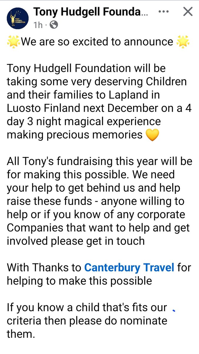 Tony Hudgell BEM (BCyA) Paula Hudgell OBE (@paula_hudgell) on Twitter photo 🌟We are so excited to announce 🌟
<a href="/TonyHudgell_fdn/">Tony Hudgell Foundation</a> sending deserving Children & their families to Lapland in Luosto Finland Dec 2025. 4 day 3 night magical experience 💛
Thanks to our partners <a href="/santaholidays/">Canterbury Travel</a>
All details on tonyhudgellfoundation.org
justgiving.com/campaign/tonyh… 🌟We are so excited to announce 🌟
<a href="/TonyHudgell_fdn/">Tony Hudgell Foundation</a> sending deserving Children & their families to Lapland in Luosto Finland Dec 2025. 4 day 3 night magical experience 💛
Thanks to our partners <a href="/santaholidays/">Canterbury Travel</a>
All details on tonyhudgellfoundation.org
justgiving.com/campaign/tonyh…