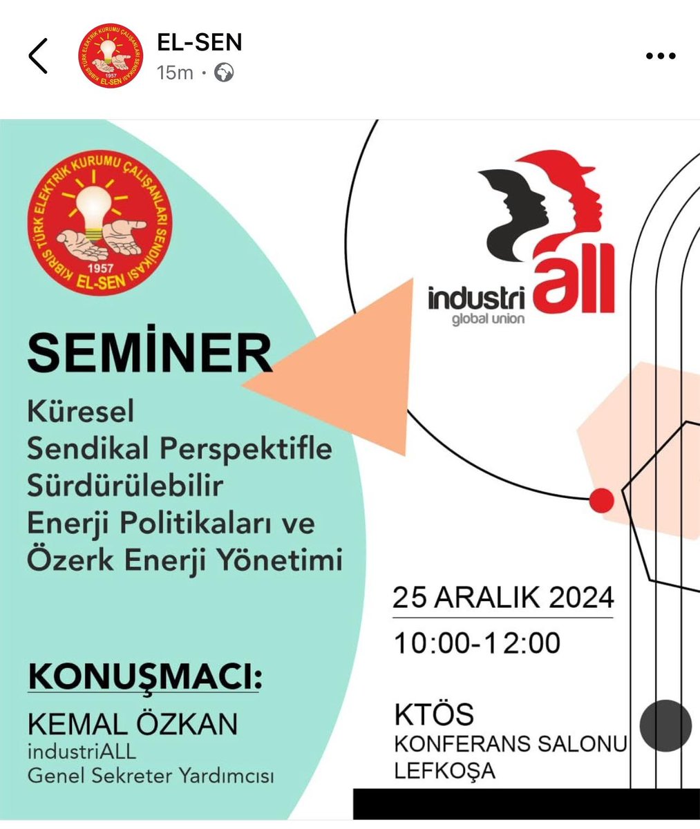 Kemal Özkan (@kemal4ituc) on Twitter photo Joining the seminar of IndustriALL Cypriot affiliate Elsen on "Sustainable Energy Policies and Autonomous Energy Management from a Global Union Perspective", and transmitting the solidarity in Nicosia on 25 December 2025.
<a href="/IndustriALL_GU/">IndustriALL 🦋 @industriall-union.org</a> <a href="/industriAll_EU/">industriAll Europe</a> Joining the seminar of IndustriALL Cypriot affiliate Elsen on "Sustainable Energy Policies and Autonomous Energy Management from a Global Union Perspective", and transmitting the solidarity in Nicosia on 25 December 2025.
<a href="/IndustriALL_GU/">IndustriALL 🦋 @industriall-union.org</a> <a href="/industriAll_EU/">industriAll Europe</a>