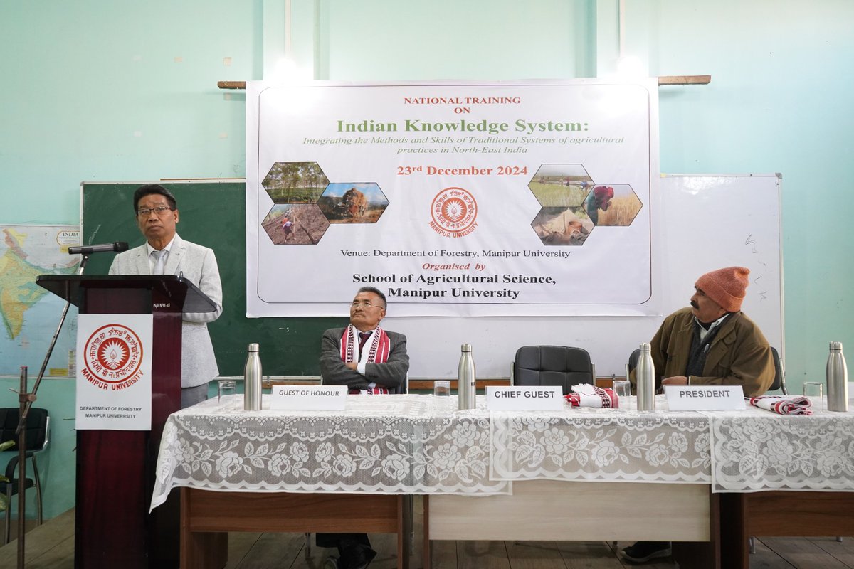 ManipurUniverse's tweet image. 🌿📘 Training on Indian Knowledge System 📘🌿
📅 23/12/2024
📍 Organized by: Dept. of Forestry, #ManipurUniversity
Theme: Integrating Methods &amp;amp; Skills of Traditional Agricultural Practices in #NortheastIndia
Preserving knowledge, embracing tradition!
#IndianKnowledgeSystem
