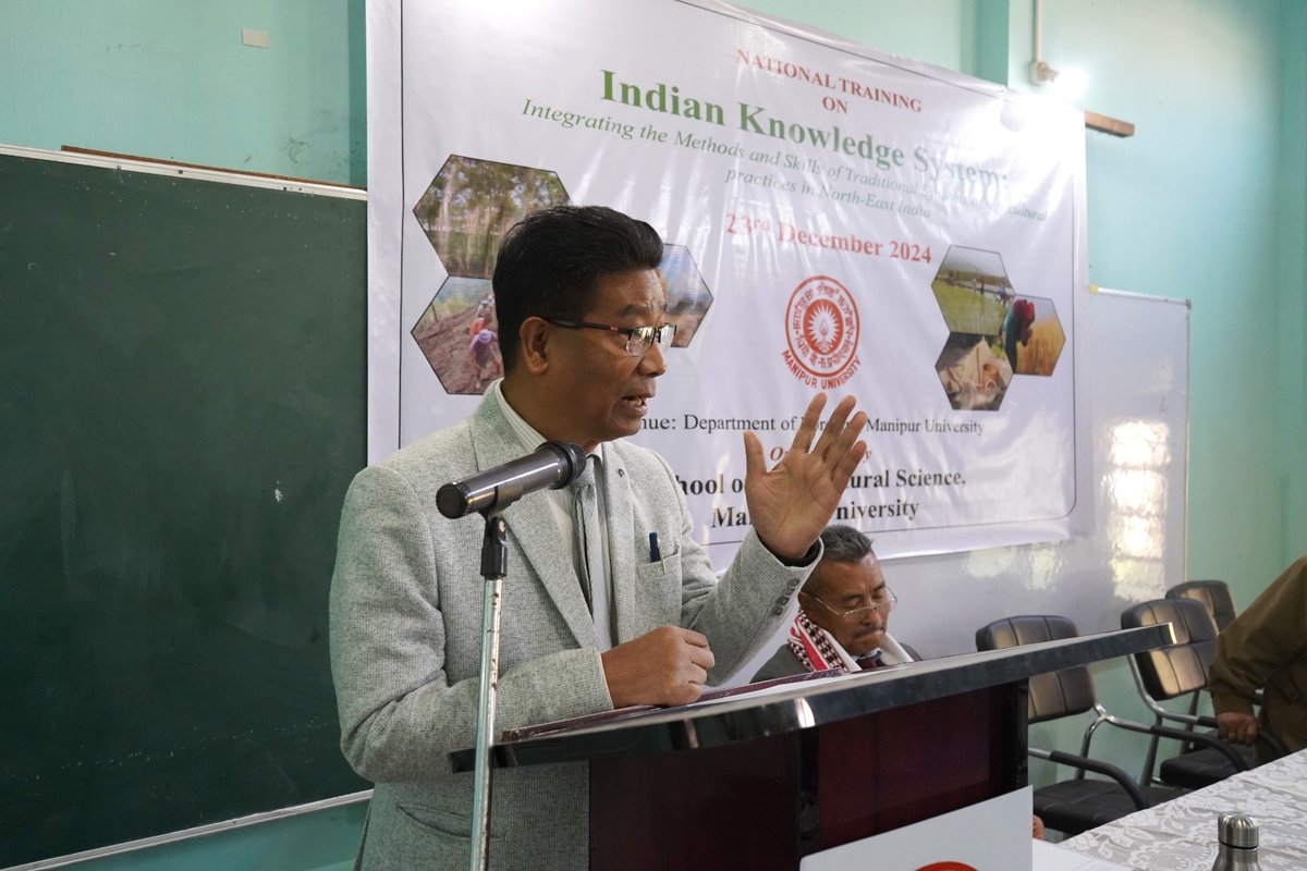 ManipurUniverse's tweet image. 🌿📘 Training on Indian Knowledge System 📘🌿
📅 23/12/2024
📍 Organized by: Dept. of Forestry, #ManipurUniversity
Theme: Integrating Methods &amp;amp; Skills of Traditional Agricultural Practices in #NortheastIndia
Preserving knowledge, embracing tradition!
#IndianKnowledgeSystem