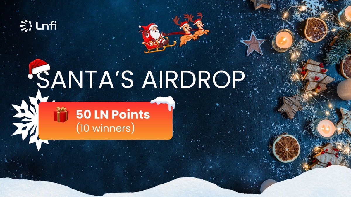 LnfiNetwork's tweet photo. 🎅 Santa’s LN Points Airdrop is here! 🎉
⏳ 24 hours only!
🎁 10 winners get 50 LN Points each.

Steps:
1️⃣ Follow @lnfinetwork &amp; @lnexchange
2️⃣ RT, Like, &amp; Tag 3 friends
3️⃣ Comment your npub &amp; your festive greetings

🔥 LN Points can be swapped for Lnfi Tokens at TGE! https://t.co/Yi63VHSXIH