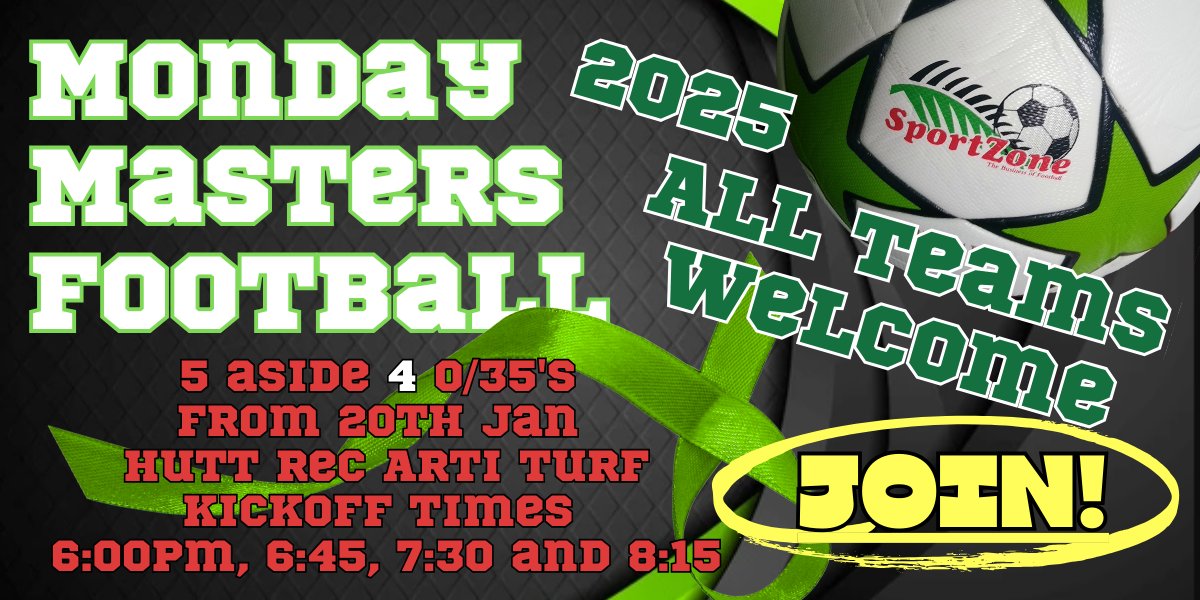 SportZoneNZ's tweet photo. Check our new Monday Masters Football League at Hutt Rec for 2025.
All teams WELCOME.
Great option for pre season training.
Sign Up Online - https://t.co/SU05vpClxI https://t.co/YoYUyTbFLH
