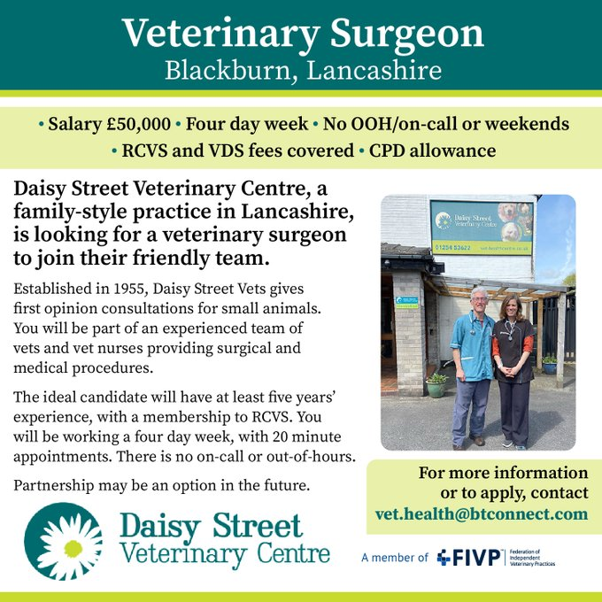 IVPCareers's tweet photo. This family-style practice in Lancashire is looking for a veterinary surgeon to join its friendly team.  The ideal candidate will have at least five years' experience.  See the job description: https://t.co/YZffo10Rxg………………… #vetjobs #veterinarycareers https://t.co/6wMiO6sk5m