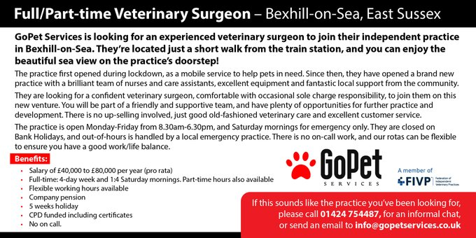 IVPCareers's tweet photo. GoPet Services, a growing practice that has become a key part of the local community in Bexhill-on-Sea since being founded during lockdown, is looking for an experienced vet to join its team.  See the job description: https://t.co/BTNquQHS3k……………… #vetcareers #vetjobs https://t.co/q66KnEmJAS