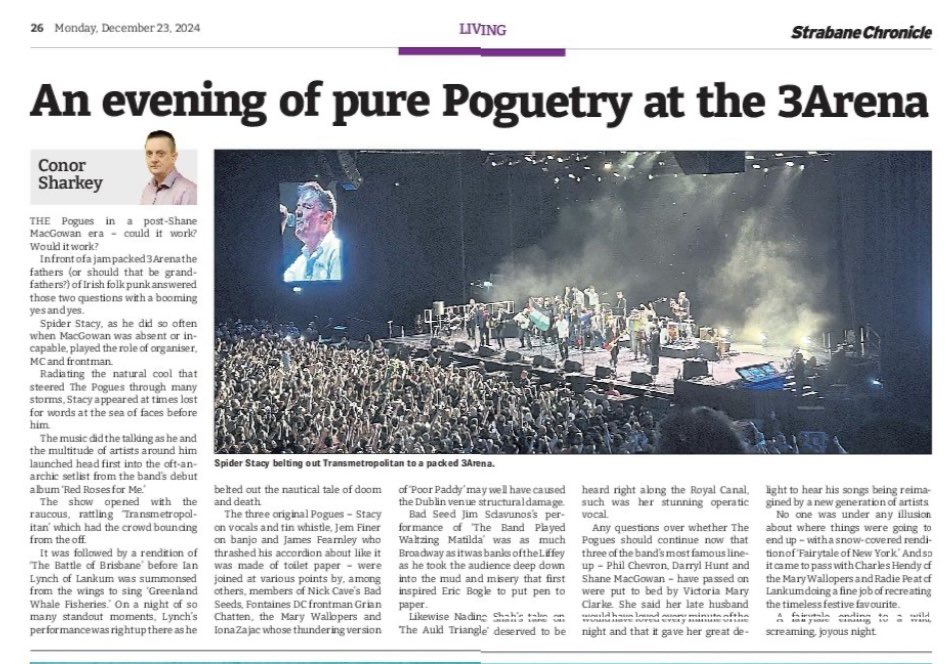Conor Sharkey (@conorsharkeysc) on Twitter photo Thanks to the Strabane Chronicle for publishing my review of the <a href="/poguesofficial/">The Pogues</a> gig in <a href="/3ArenaDublin/">3Arena</a> last week. What a night it was too.
<a href="/spiderstacy/">Spider Stacy</a> <a href="/ionazajac/">Iona Zajac</a> <a href="/LankumDublin/">LANKUM</a> <a href="/marywallopers/">The Mary Wallopers 🐖</a> Thanks to the Strabane Chronicle for publishing my review of the <a href="/poguesofficial/">The Pogues</a> gig in <a href="/3ArenaDublin/">3Arena</a> last week. What a night it was too.
<a href="/spiderstacy/">Spider Stacy</a> <a href="/ionazajac/">Iona Zajac</a> <a href="/LankumDublin/">LANKUM</a> <a href="/marywallopers/">The Mary Wallopers 🐖</a>
