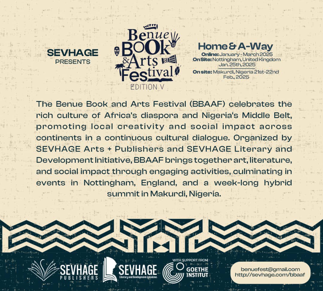 benuebook's tweet photo. THE REVEAL!

Join the Venue Book and Arts Festival [V], a vibrant intercontinental cultural event that showcases the rich creativity of diasporans in England and also celebrates Nigeria's Middle Belt through various artistic expressions.

Mark these two important dates: https://t.co/3CjLjEdPyQ