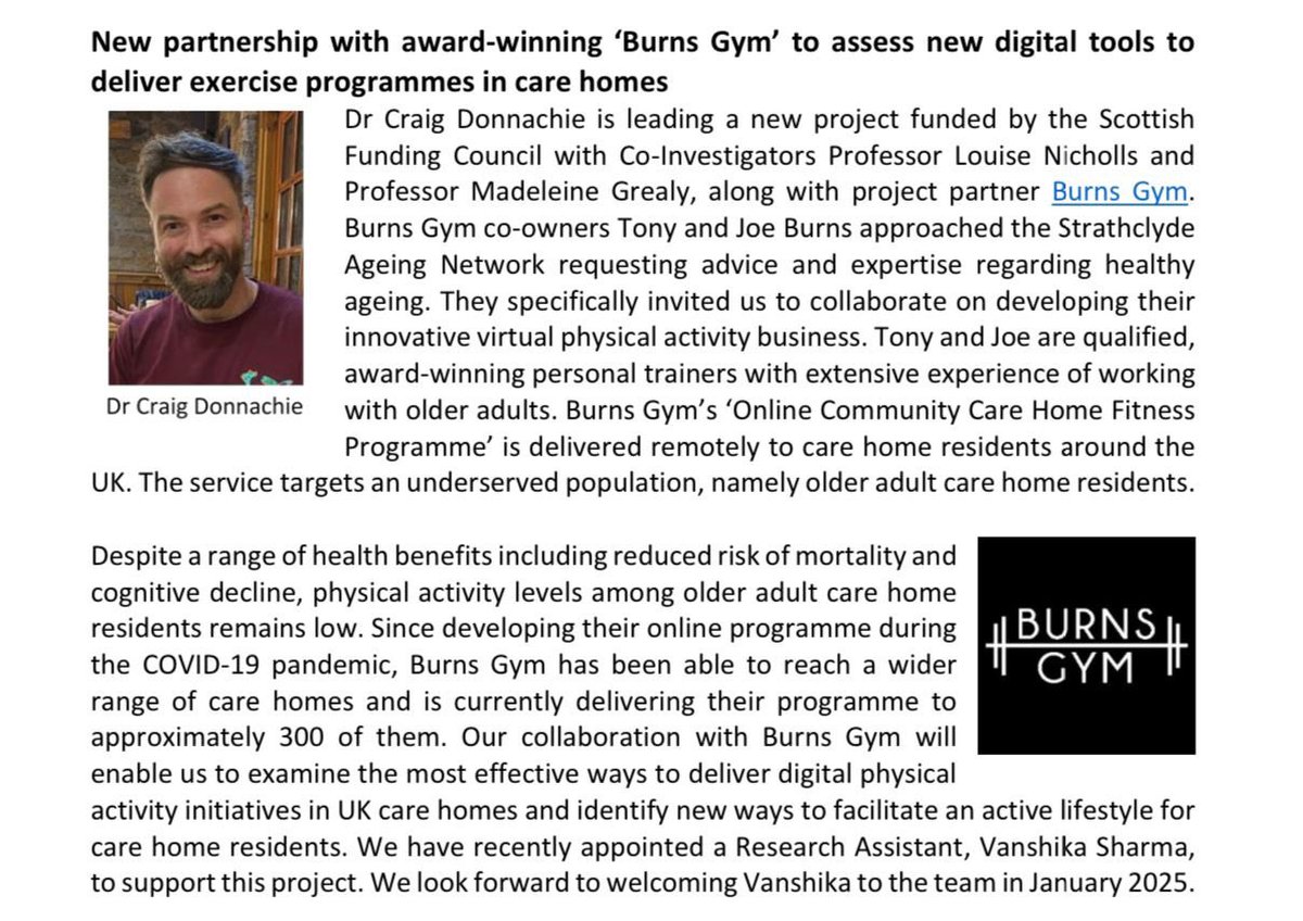 Burns Gym (@burns_gym) on Twitter photo Fantastic article written about our partnership with the <a href="/StrathAgeing/">StrathAgeingNetwork</a> in the ageing research newsletter.
A big thank you to <a href="/LNichollsStrath/">Louise Brown Nicholls</a> and <a href="/DonnachieCraig/">Dr Craig Donnachie</a> and <a href="/MadeleineGrealy/">Madeleine Grealy</a> for all the incredible work done so far. <a href="/P_H_S_Official/">Public Health Scotland</a> <a href="/scotgovhealth/">Scot Gov Health</a> Fantastic article written about our partnership with the <a href="/StrathAgeing/">StrathAgeingNetwork</a> in the ageing research newsletter.
A big thank you to <a href="/LNichollsStrath/">Louise Brown Nicholls</a> and <a href="/DonnachieCraig/">Dr Craig Donnachie</a> and <a href="/MadeleineGrealy/">Madeleine Grealy</a> for all the incredible work done so far. <a href="/P_H_S_Official/">Public Health Scotland</a> <a href="/scotgovhealth/">Scot Gov Health</a>