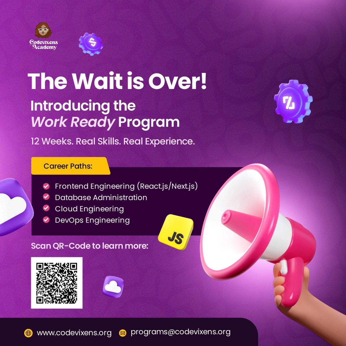Codevixens's tweet image. We’re excited to unveil something BIG 💜

You&apos;re done learning. Let&apos;s help get you work-ready in today&apos;s competitive job market with our 12-week immersive program.

12 Weeks, Real Skills, Real Experience.

Scan QR-Code to Learn More.