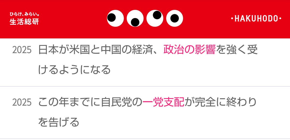博報堂のやつ
2025年以外も見ることできるよ。
seikatsusoken.jp/futuretimeline…