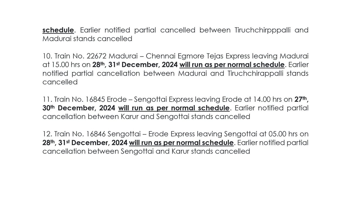 drmmadurai's tweet image. 📢Trains to Run as Per Normal Schedule!🕒

Due to the non-availing of block, the following trains will operate as per their regular timings ✅

Stay updated and travel hassle-free! 🙌🚉

#TravelUpdate #PassengerInfo #SouthernRailway