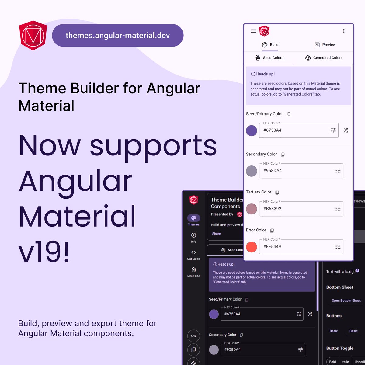 ngMaterialDev's tweet image. Excited to share that the Theme Builder for Angular Material has been updated to support v19!

Visit now themes.angular-material.dev

#AngularMaterial #Angular #ThemeBuilder #v19 #theming
