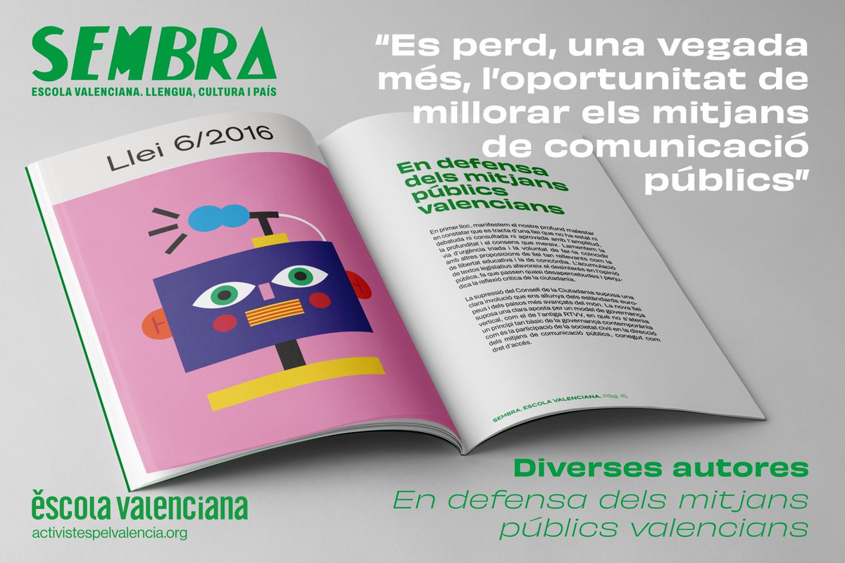 escolatv's tweet photo. ‼️Nova edició de la revista #Sembra
🔎 Expliquem els canvis normatius més significatius de l’actual govern valencià, com la nova llei de mitjans de comunicació públics
👁🗨 Les il·lustracions són de @linavila
⬇️ D'accés lliure al web
https://t.co/zcgk8WuVp9 https://t.co/MmBpoZB9VP