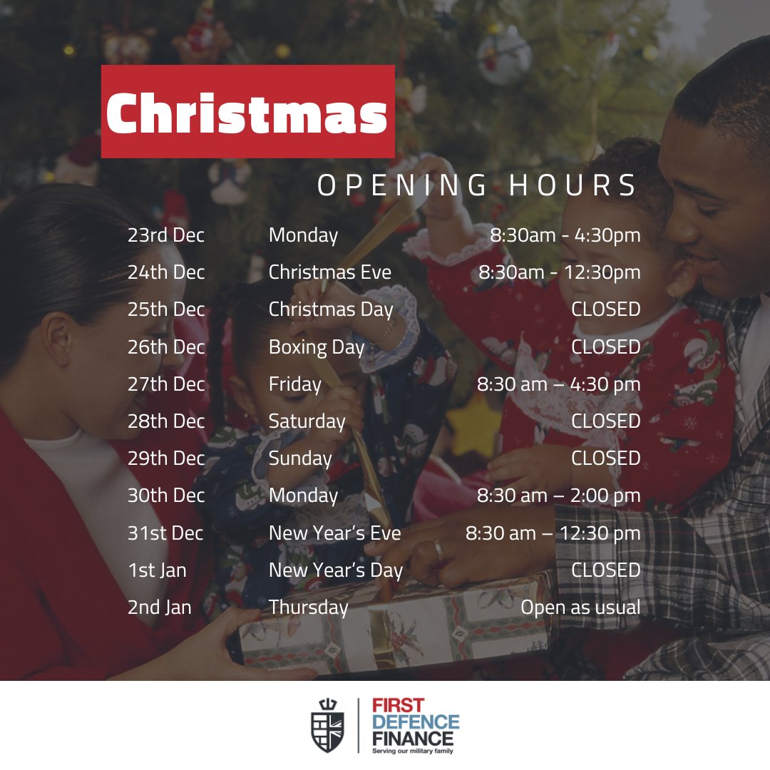 FirstDefFin's tweet image. We're still open when you need us most (but with a few Christmas differences.) 

#ChristmasOpeningHours