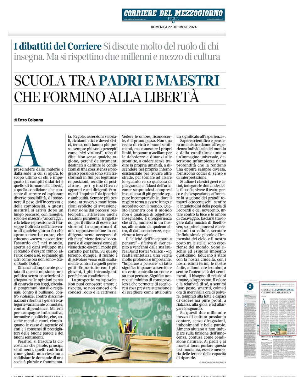 #SCUOLA, PADRI E MAESTRI

Nell'immagine, l'intervento pubblicato ieri, 22 dicembre, nel <a href="/corrmezzogiorno/">CorriereMezzogiorno</a> #Puglia
Per agevolare la lettura, riporto il testo nella mia bacheca Fb, da qui 👇
facebook.com/share/p/18KMAX…

#DaniloDolci #DavidFosterWallace