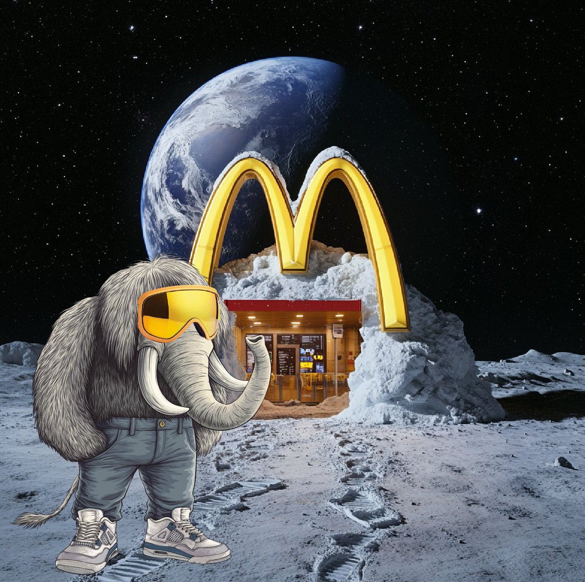 MAMOON_sol's tweet photo. Y’all: ‘Mammoth, what’s the dream?’ 🦣🤔 McDonald’s on the Moon, duh. 🍔🌕 Mammoth-sized Meals, zero-G fries, and payments only in $Mamoon Coin. https://t.co/wcOYpVK5qr