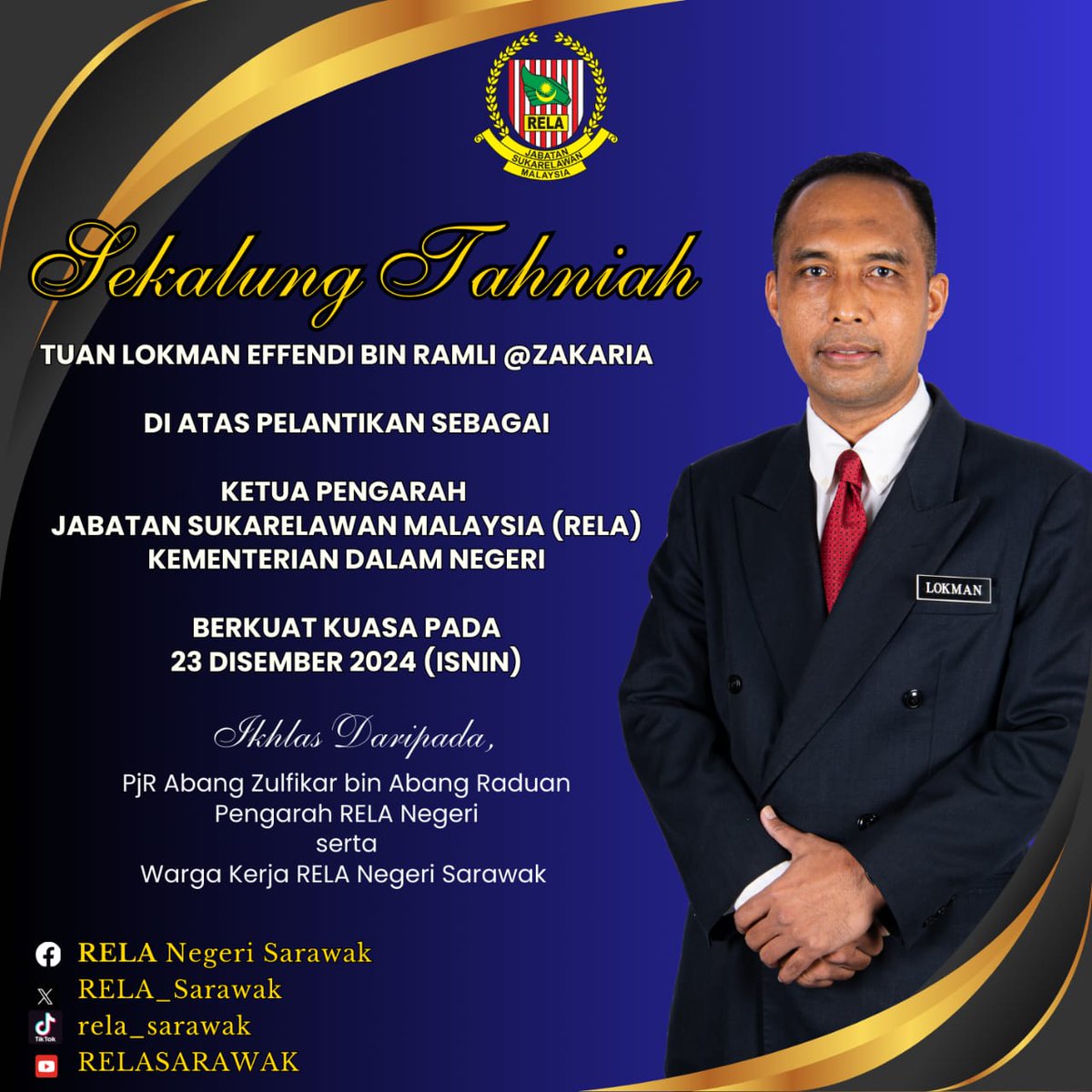 Sekalung tahniah diucapkan kepada YBhg. Tuan Lokman Effendi Bin Ramli @Zakaria di atas pelantikan sebagai Ketua Pengarah Jabatan Sukarelawan Malaysia (RELA) yang baharu berkuatkuasa pada 23 Disember 2024 (Isnin). #setiaberbakti
<a href="/relamalaysia/">relamalaysia</a>
<a href="/abgzulfikar/">𝕬𝖇𝖆𝖓𝖌 𝖅𝖚𝖑𝖋𝖎𝖐𝖆𝖗 🇲🇾🌸</a> <a href="/PgRShima/">Hasimah Saibi</a>