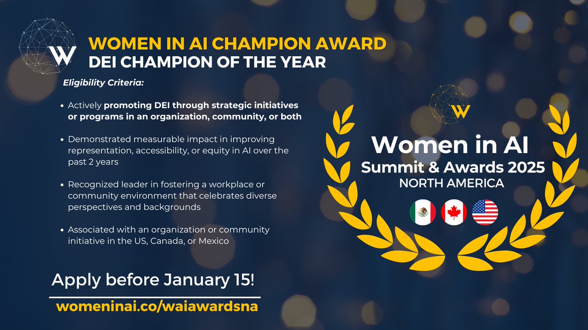 Women in AI Awards NA (@waiawardsna) on Twitter photo ๐ Are you a DEI Champion?
The <a href="/women_in_ai/">Women in AI</a> Champion Award - DEI Champion of the Year celebrates women advancing diversity, equity, and inclusion in AI. This is your moment to shine!
โจ Nominate yourself or someone inspiring by January 15th: womeninai.co/waiawardsna ๐ Are you a DEI Champion?
The <a href="/women_in_ai/">Women in AI</a> Champion Award - DEI Champion of the Year celebrates women advancing diversity, equity, and inclusion in AI. This is your moment to shine!
โจ Nominate yourself or someone inspiring by January 15th: womeninai.co/waiawardsna