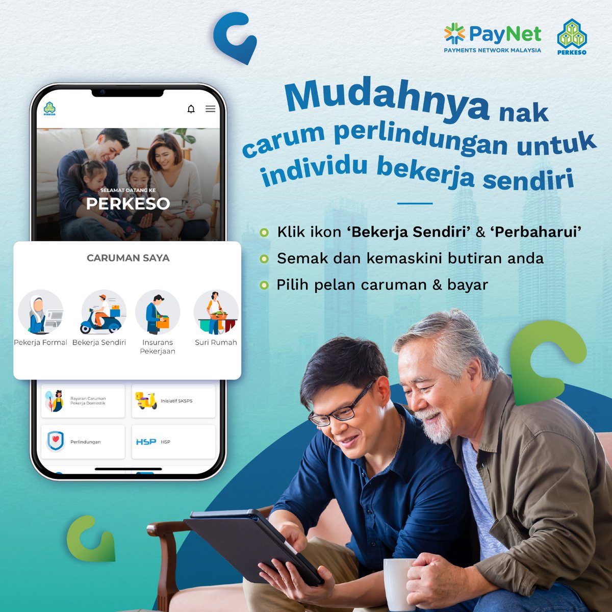 PERKESOofficial's tweet photo. Tak tahu bagaimana hendak dapatkan perlindungan PERKESO?​

Mudah saja, carum Skim Keselamatan Sosial Pekerjaan Sendiri (SKSPS) secara dalam talian!​

Muat turun aplikasi Prihatin atau layari https://t.co/XClpTSog2k.​

Mudah kan?​

#PERKESOPrihatin #CashlessBoleh4All #KlikKlikDahSiap #portalMatrix #PrihatinApp