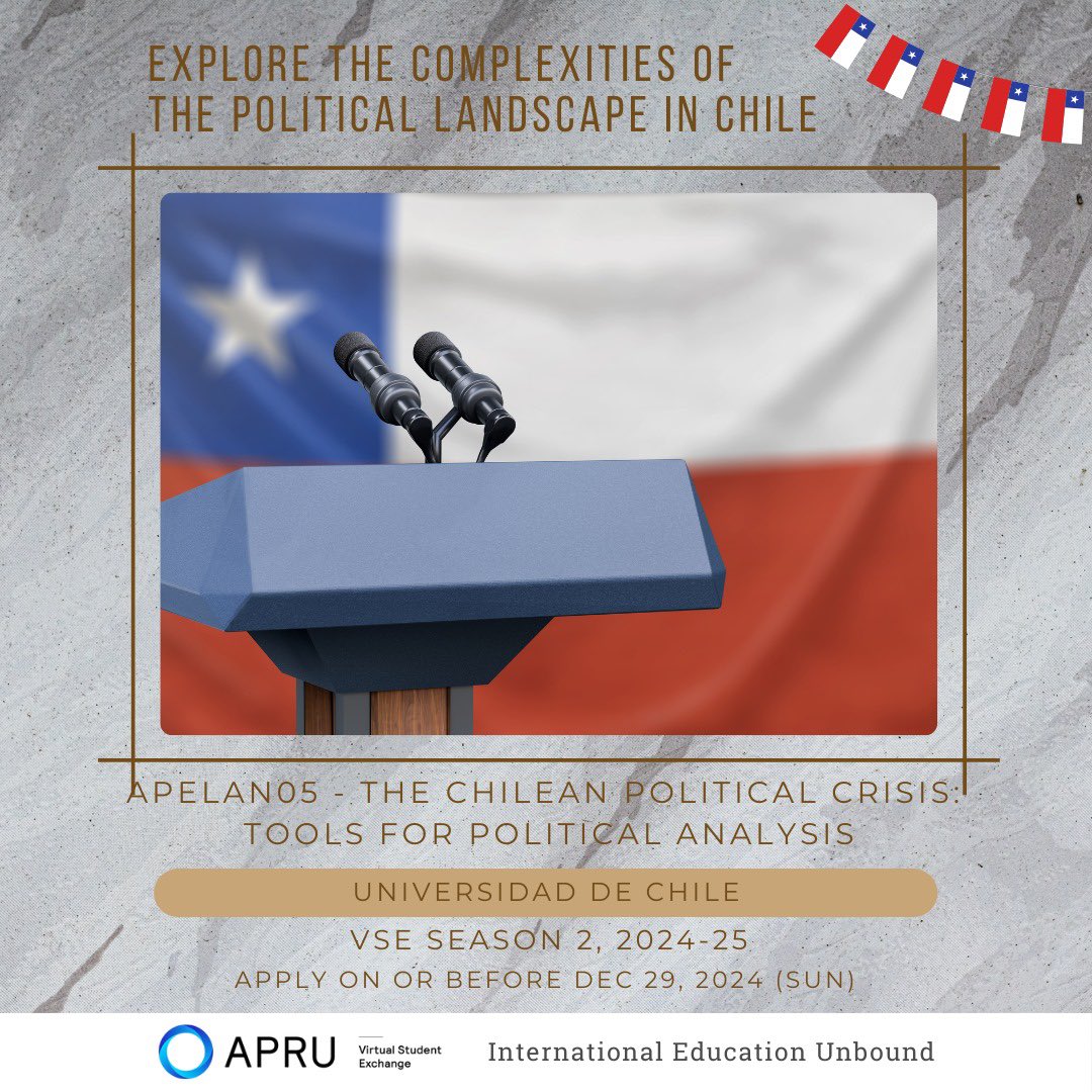 APRU Virtual Student Exchange Program (VSE) (@apruvse) on Twitter photo Uncover the intricacies of Chilean politics with <a href="/uchile/">Universidad de Chile</a> in #APRU_VSE S2, 2024-25! 🌟 Have a comprehensive look into the political challenges in Chile and engage in meaningful discussions about democracy and governance🏛️
More at vse.apru.org/uchile-s22425
@apru1997 #APRU #VSE Uncover the intricacies of Chilean politics with <a href="/uchile/">Universidad de Chile</a> in #APRU_VSE S2, 2024-25! 🌟 Have a comprehensive look into the political challenges in Chile and engage in meaningful discussions about democracy and governance🏛️
More at vse.apru.org/uchile-s22425
@apru1997 #APRU #VSE