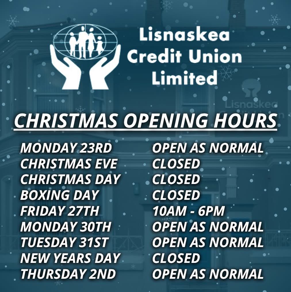 🎄 𝘾𝙃𝙍𝙄𝙎𝙏𝙈𝘼𝙎 𝙊𝙋𝙀𝙉𝙄𝙉𝙂 𝙃𝙊𝙐𝙍𝙎 🎄
Please be advised of the following changes to our opening hours throughout the Christmas period. As always if you need us we are available in store, on the phone and via email for all your savings, deposit &amp; loan enquiries.