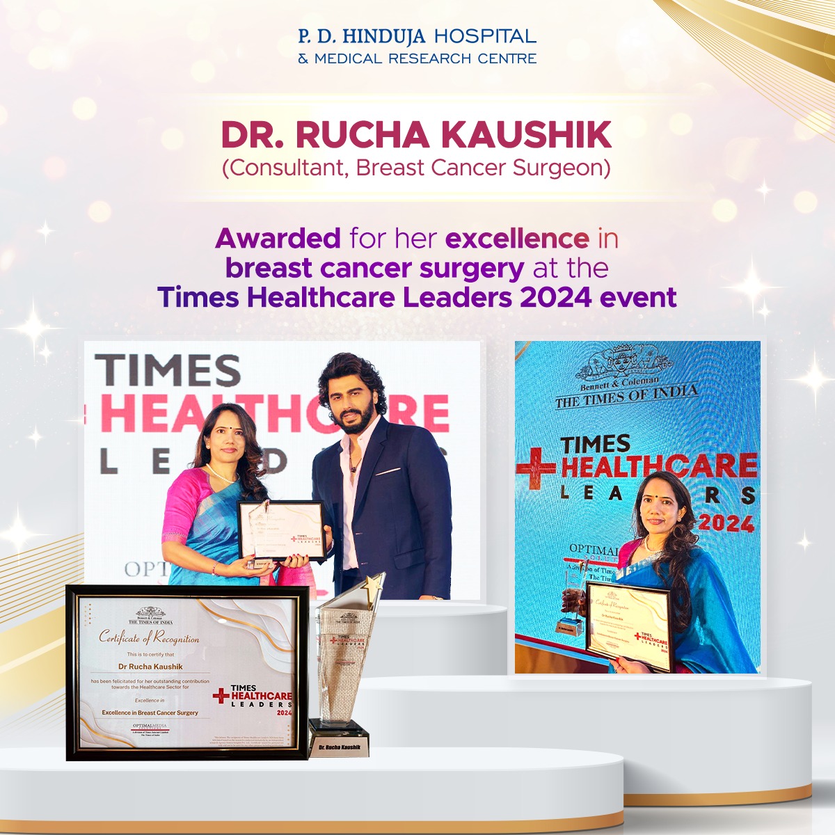HospitalHinduja's tweet photo. In the fight against breast cancer, every life saved is a victory.
Dr. Rucha Kaushik, Consultant Breast Cancer Surgeon at P. D. Hinduja Hospital, was honored at the Times Healthcare Leaders 2024 for her excellence in breast cancer surgery.
#PDHH #QualityCareForAll #BCAM https://t.co/GHTgAMkydf