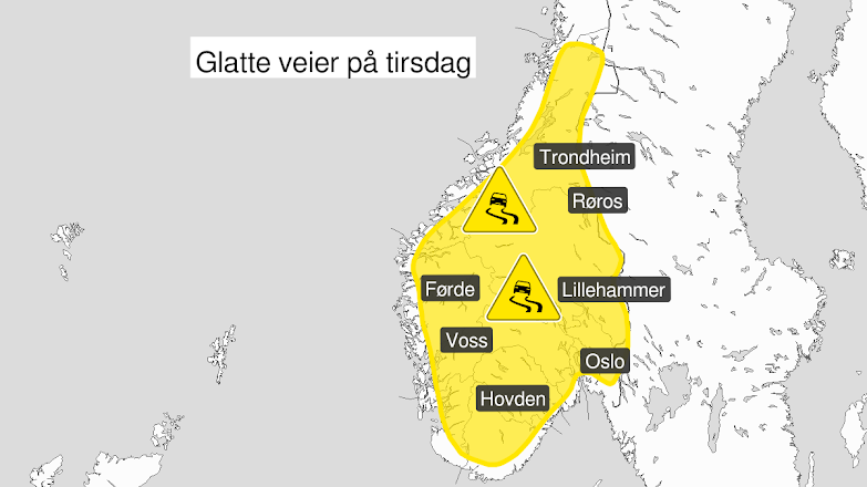 Vi har sendt ut farevarsel om is for store deler Sør-Norge⚠️

Fra tirsdag formiddag kan mildvær og regn fryse på kald bakke og gi is 🧊 Det starter i sør på Vestlandet og i Agder, og brer seg utover dagen i øst og nordover💧

Hold deg oppdatert her 👉 yr.no/farevarsler