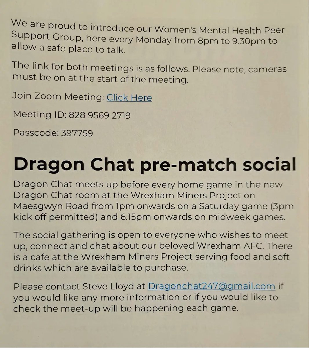 Our women’s group will be online from 8pm this evening. Holiday season can be a stressful time for many reasons and Dragon Chat is here to offer a place to talk and connect with others. 

Details of how to join are in the link below. 

#WxmAFC 

wrexhamafc.co.uk/wrexham-afc-fo…