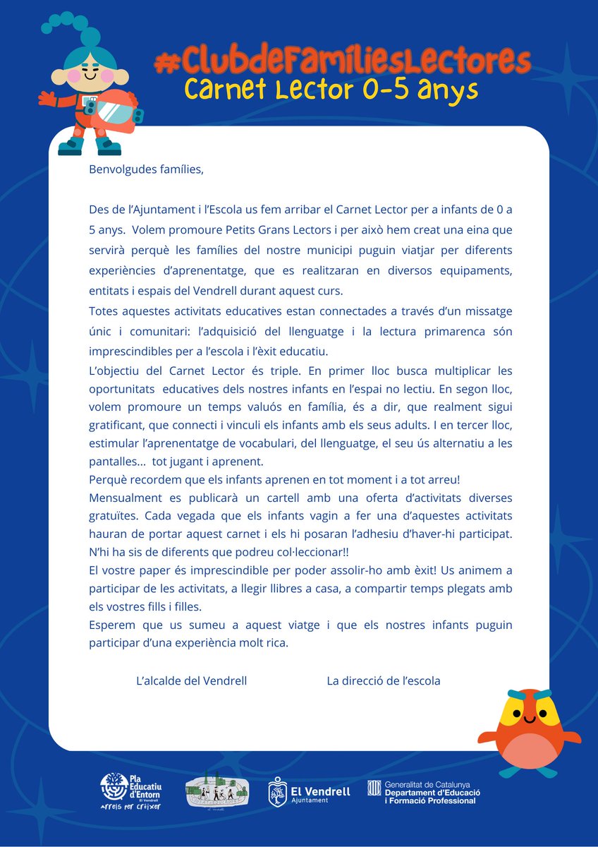 educatiu's tweet photo. Des del PEE engeguem el Carnet Lector, un recurs per estimular l'hàbit lector en els més petits i promoure el vincle familiar. Tots els infants 0-5 anys reben el carnet lector a través de les seves escoles, en el marc de les activitats de Nadal. 1/2
https://t.co/vlp8QBBqWN https://t.co/kV23oYFzJi