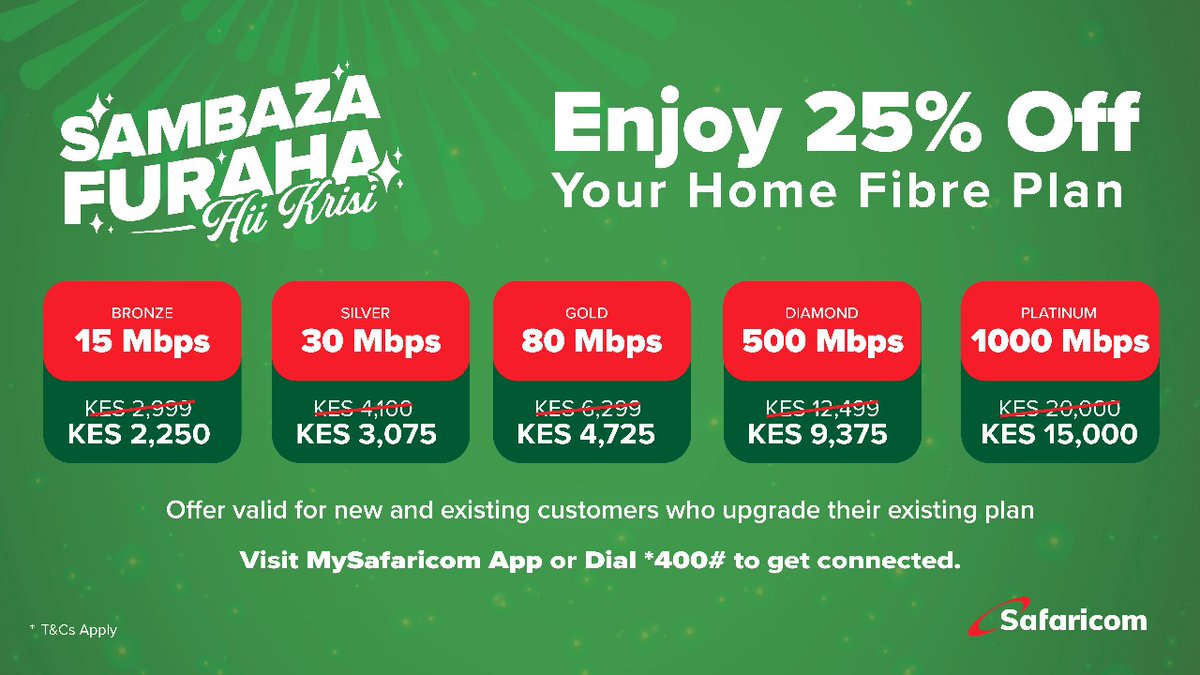 Rachel Wanjiku (@airtelndungu) on Twitter photo #FeelsGoodToUpgrade
Dial *400# or visit MySafaricom App for Free Installation + Free router for Fibre to the Home customers, Hig Internet speeds. The offer is limited
Feel free to upgrade this holiday & it's valid until January 5, 2025
<a href="/SafaricomPLC/">Safaricom PLC</a>
#FeelsGoodToBeHome #FeelsGoodToUpgrade
Dial *400# or visit MySafaricom App for Free Installation + Free router for Fibre to the Home customers, Hig Internet speeds. The offer is limited
Feel free to upgrade this holiday & it's valid until January 5, 2025
<a href="/SafaricomPLC/">Safaricom PLC</a>
#FeelsGoodToBeHome