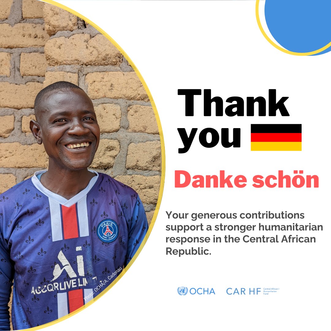 OCHA_CAR's tweet photo. #OCHAThanks Germany 🇩🇪 for ending its Advisory Board term - Dec 2024 - with a €2M top-up contribution to @CBPFs #CAR

Our top donor since 2020, Germany’s multi-year funding keeps driving impactful emergency projects, strengthening local actors in 🇨🇫. 

#InvestinHumanity!🤝 https://t.co/Vtrk1GEZsr