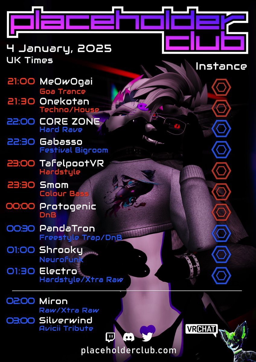 PlaceholderClub's tweet photo. Join us January 4th for music, drinking and dancing. Running from 21:00 to 2:00 UK Time.  

Want to bring your friends? Use the following links:  

Website &amp; Discord Invite: https://t.co/Y2pD9hhhZA 

VRC Group: https://t.co/0bpbLcQGaC https://t.co/IXuH3v8aYL
