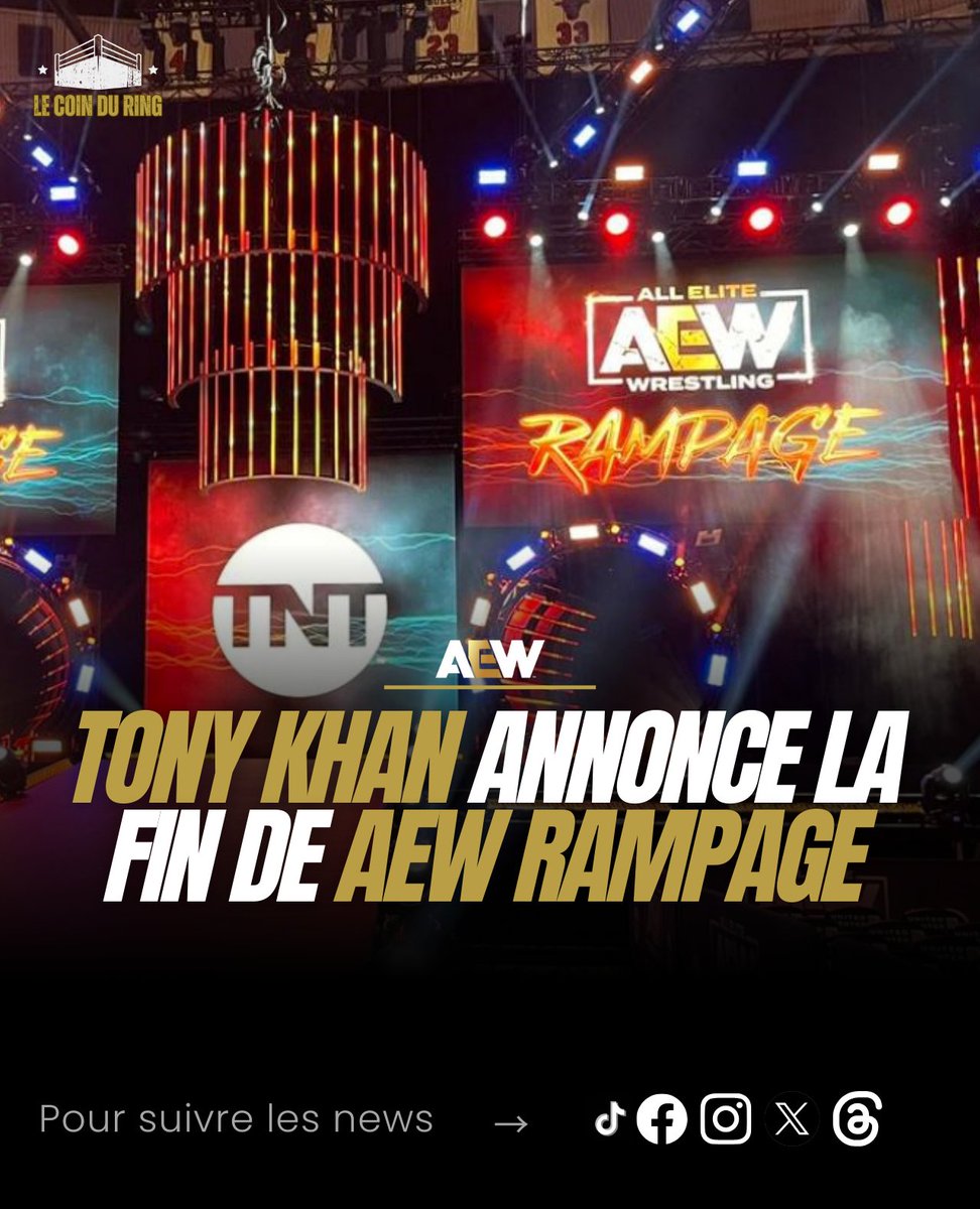 coinduring's tweet photo. Lors des enregistrements de #AEWDynamite, Tony Khan a confirmé l'arrêt de la diffusion de #AEWRampage en 2025.  L'épisode du 27 décembre prochain marquera donc la fin du show. https://t.co/3F9T70vqWJ