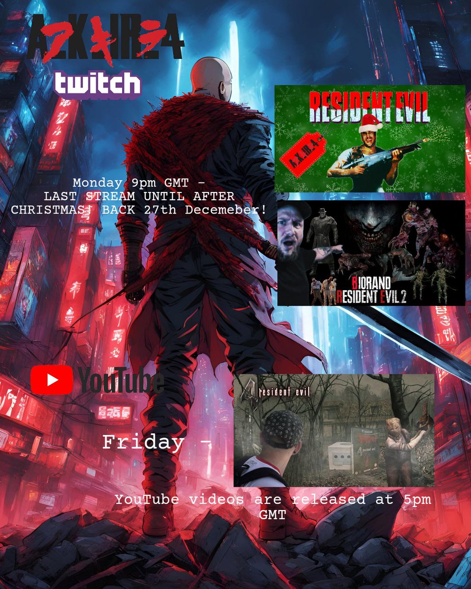 Tonight is the last stream before Christmas! 
I'm going to play some Christmas Edition Resident Evil from <a href="/Nougie/">Luke de la Nougerede (Nougie) | RE Challenger</a> &amp; get some testing of the <a href="/re_biorand/">BioRand</a> RE2R mod!! See ya there!