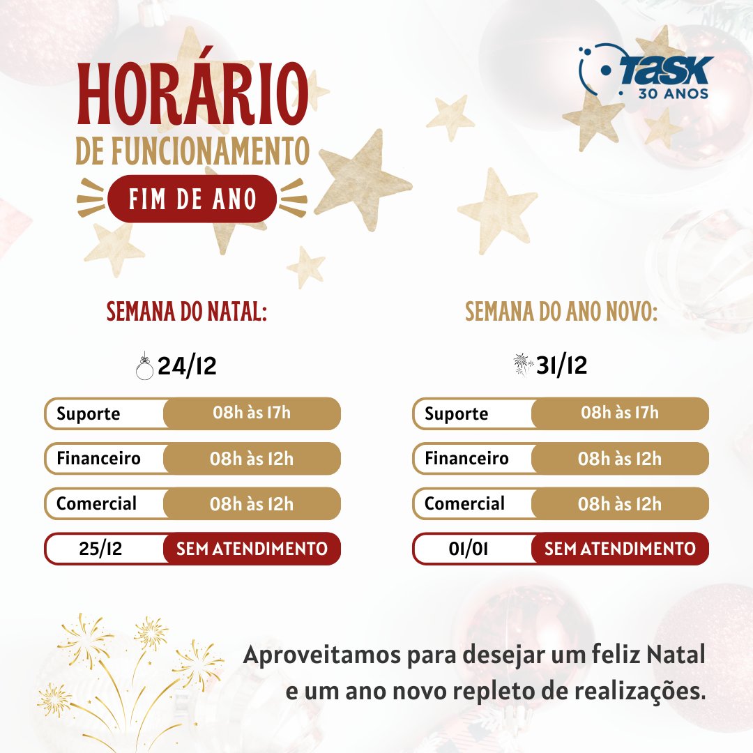 TaskInternet's tweet image. A Task agradece a confiança e parceria ao longo de 2024. Vocês, nossos clientes, parceiros e fornecedores, são a força que nos impulsiona a crescer e evoluir.

Em tempo, informamos nossos horários de atendimento para o final do ano, na imagem deste post.

💙 Equipe Task