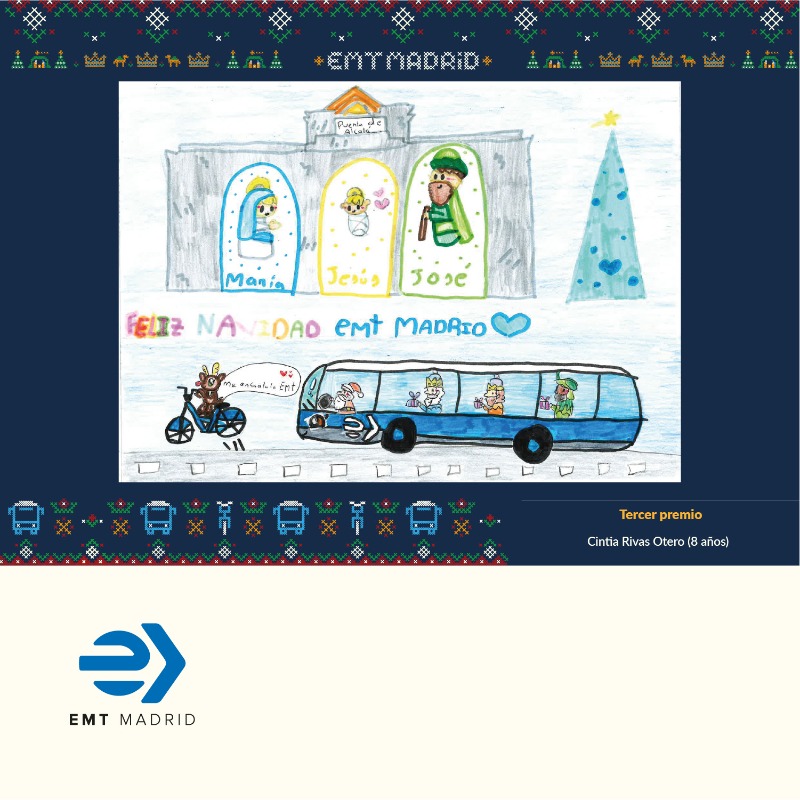 EMTmadrid's tweet photo. 🥳 Te deseamos feliz Navidad con 3 postales muy especiales: las ganadoras de nuestro concurso infantil para hijos y nietos de empleados de EMT✏️

🥰 ¡Enhorabuena a Sergio, Julia y Cintia!  

🚌🎄🌟