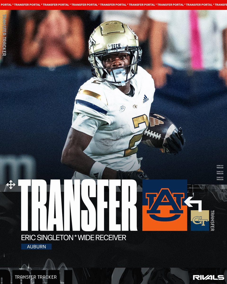 Auburn has landed a commitment from former Georgia Tech WR Eric Singleton

Singleton has 1,468 yards and 9 TDs in two seasons at Georgia Tech, while also adding 21 carries for 131 yards and a rushing score this year.