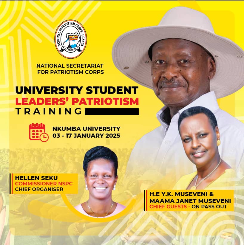 NPCPatriots's tweet photo. Attention; all Student leaders' of Higher Institutions of learning!
We are thrilled to  invite you to the Patriotism Ideology Training Program at Nkumba University from January 3-17.
This is  a chance to enhance your leadership skills, expand  your perspectives, learn from distinguished facilitators, and network with like-minded individuals.
 Do not miss this  transformative experience, mark your calendars and get ready for a life- changing opportunity!
We are also honored to share that the Father of the Nation, Patron of all Patriotism clubs across the country and President  of the Republic of Uganda H.E @KagutaMuseveni  and Maama, the First Lady and Minister of Education and Sports @JanetMuseveni  will be present to close the training during pass out ceremony.
We look forward to seeing you there.
#PatriotismInAction