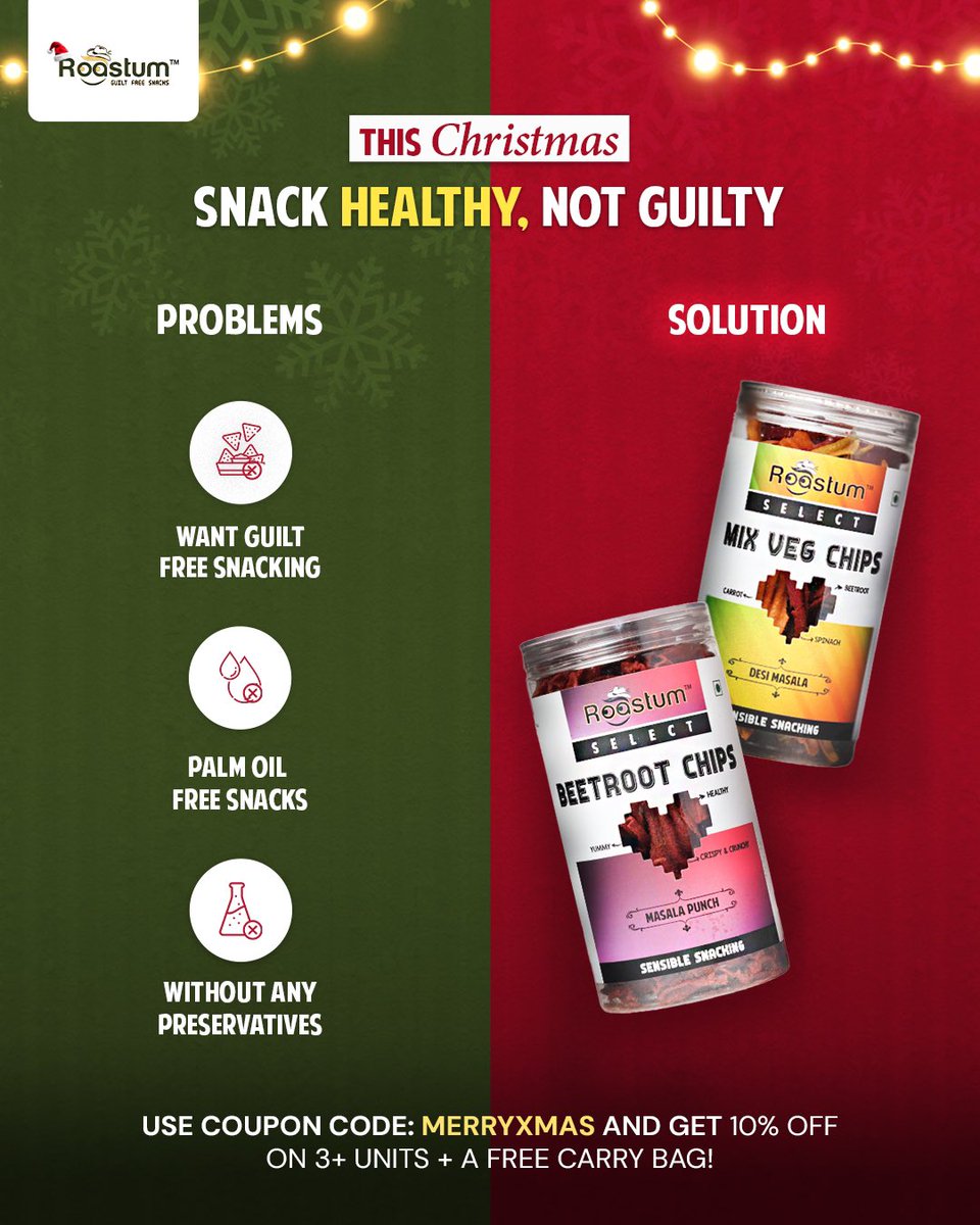 roastum_in's tweet photo. This Christmas, treat yourself without the guilt! 🎄 Snack smart with Roostum’s healthy chips – no palm oil, no preservatives, just pure joy! https://t.co/gO9pDU68FF