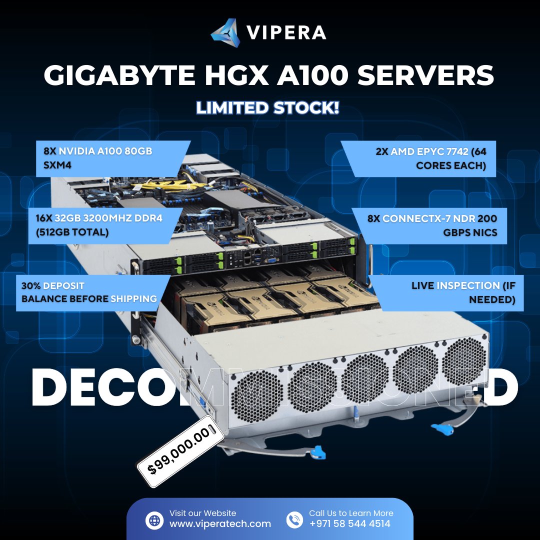 vipera_llc's tweet image. We have 75 decommissioned Gigabyte HGX A100 servers available! From 2022 and come with a warranty valid until February 2025.

30% deposit
Live inspection (if needed)
Balance before shipping

#ServerSale #NvidiaA100 #TechDeals #DataCenter #Gigabyte #AI #NvidiaGPUs #UsedServers