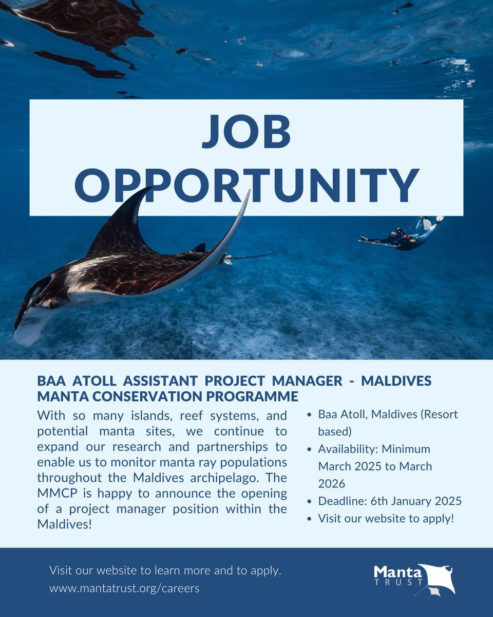 📣 Join our team!

🏝️ MMCP is excited to announce the opening of Assistant Project Manager in Baa Atoll!

🔗 To find out more about the role and requirements, and to apply, head to 'Jobs, Internship and Scholarship Vacancies at the link in our bio!

#MantaTrust