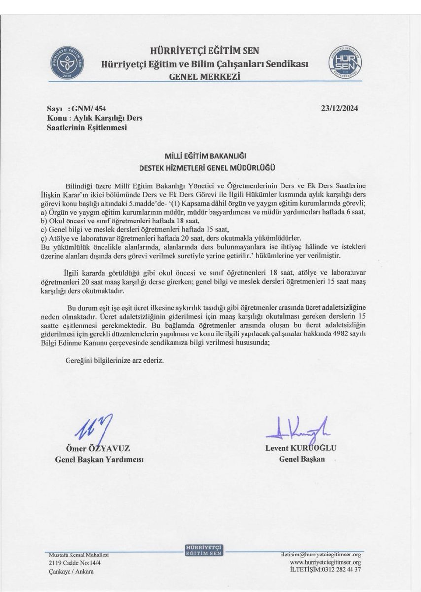 📌 Branşlar arası ücret adaletsizliğinin giderilmesi için aylık karşılığı okutulacak ders saatlerinin eşitlenmesini Bakanlıktan talep ettik.
<a href="/tcmeb/">Millî Eğitim Bakanlığı</a>