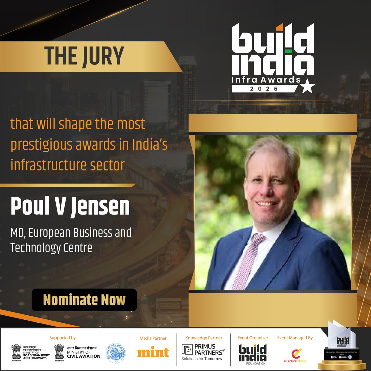 vaibhav_74's tweet photo. 🏆We’re honoured to announce Poul V Jensen, MD, European Business and Technology Centre, in the jury panel of Build India Infra Awards 2025.
👉Nominate your projects at https://t.co/3Hrcelz1Xm
🗓️Last date – Dec 26, 2024
#BuildIndiaInfraAwards #Infraawards #InfrastructureExcellence #Juryannouncement #Jury