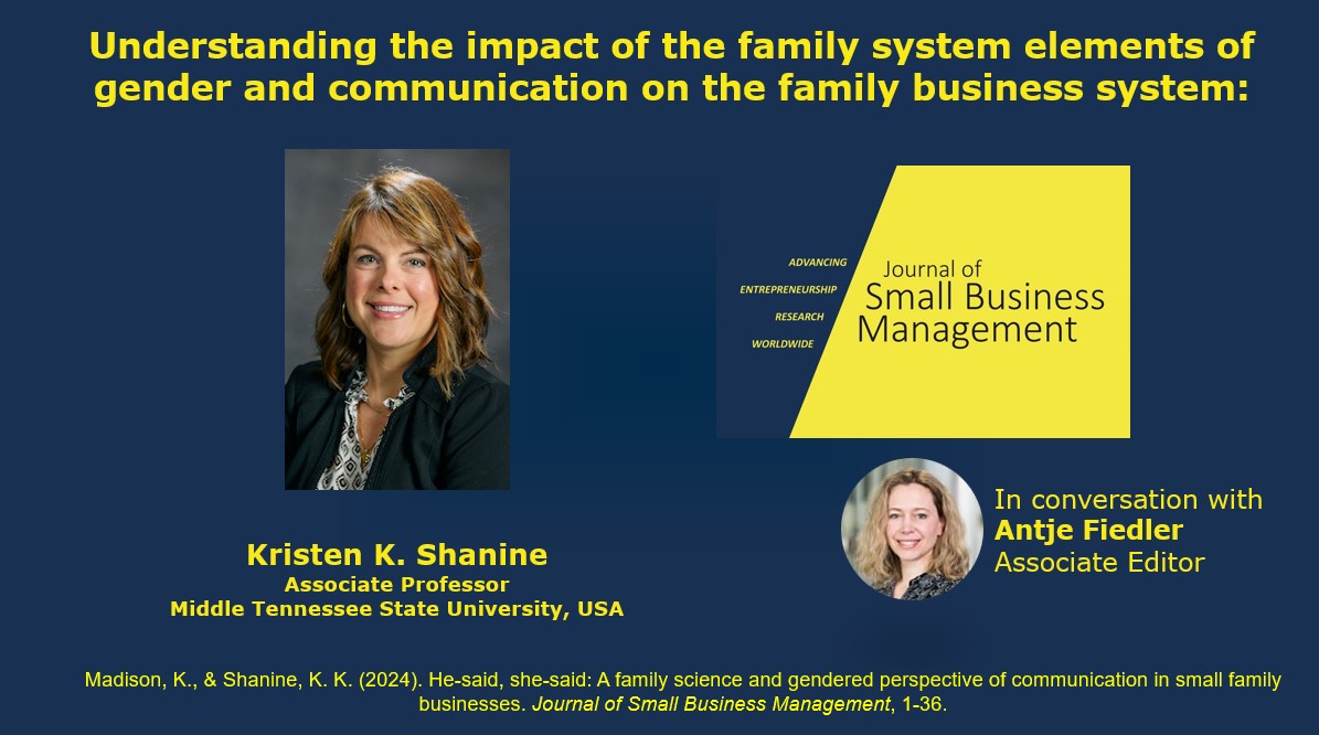 📢Kristen Shanine, Ph.D. reflects on the impact of the family system elements of gender and communication, in the Journal of Small Business Management, Taylor &amp; Francis 🚀
📽️Watch the video [4:55 min] lnkd.in/etPR99kZ
📄Find the article here: lnkd.in/eYshG3KG
